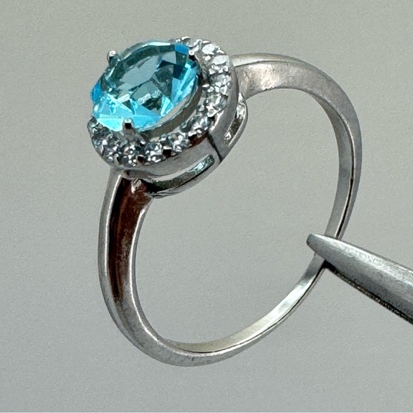 New Sterling Silver Blue CZ Halo Ring Size 7 Sparkling Round Cut